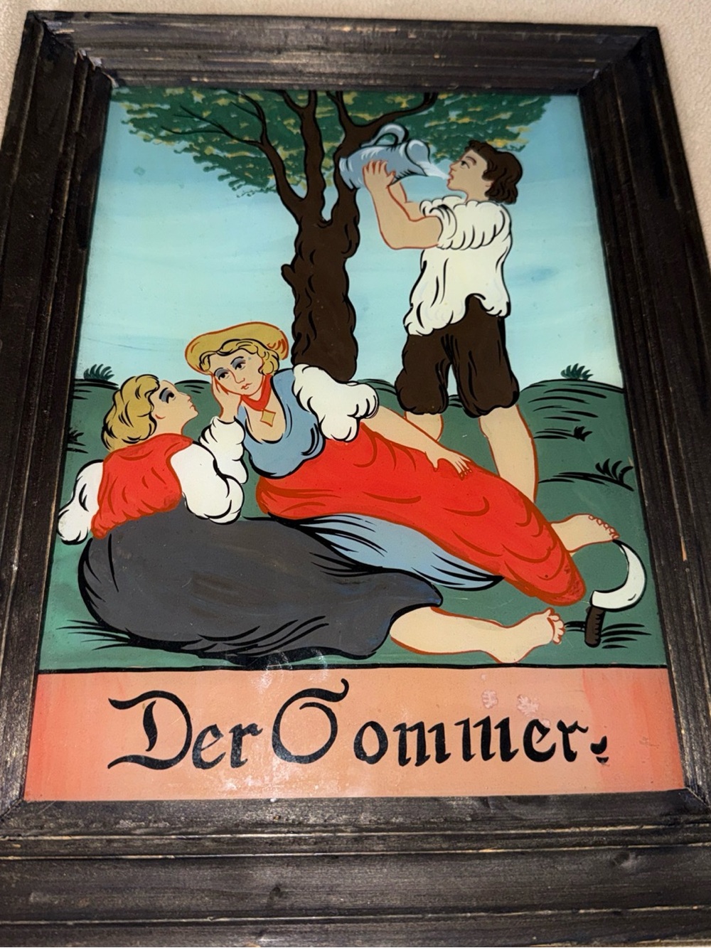 German Art glass reversed hand painted Der Sommer Framed Home Art Print